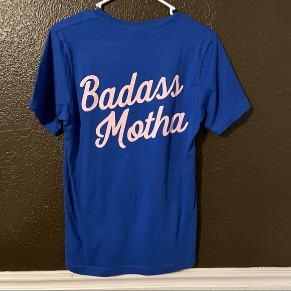 Blue Short Sleeve Tee with Pink ‘Badass Motha’ by Her Little Wolves, Size Small - Picture 5 of 5